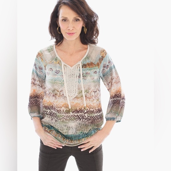 CHICOs Boho Blouse Women Medium 8 Embroidered Top Winter Neutral Natural Fall - Picture 1 of 14